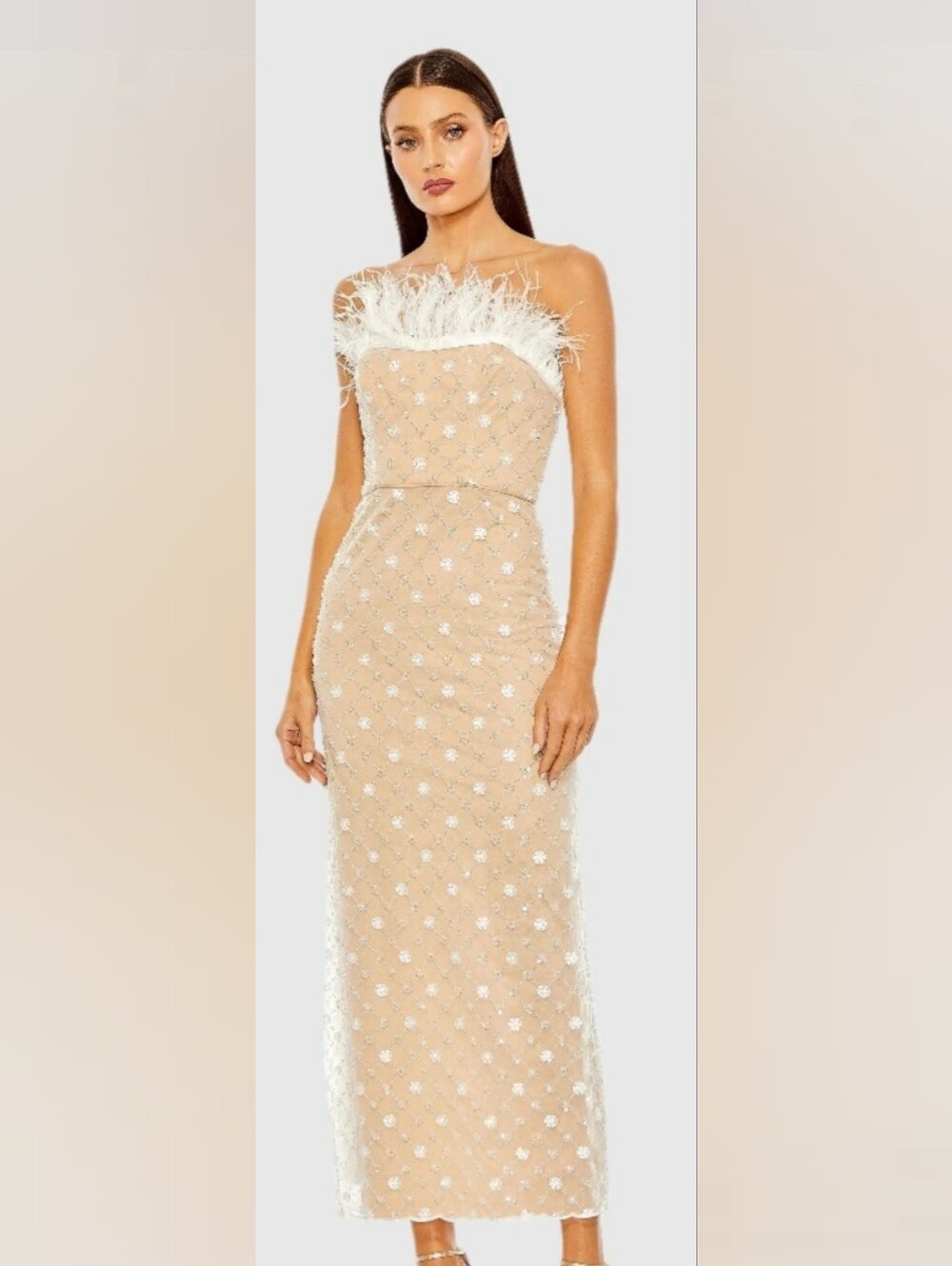 Mac Duggal Beige Embellished Feather Strapless Column Dress, Sz 2